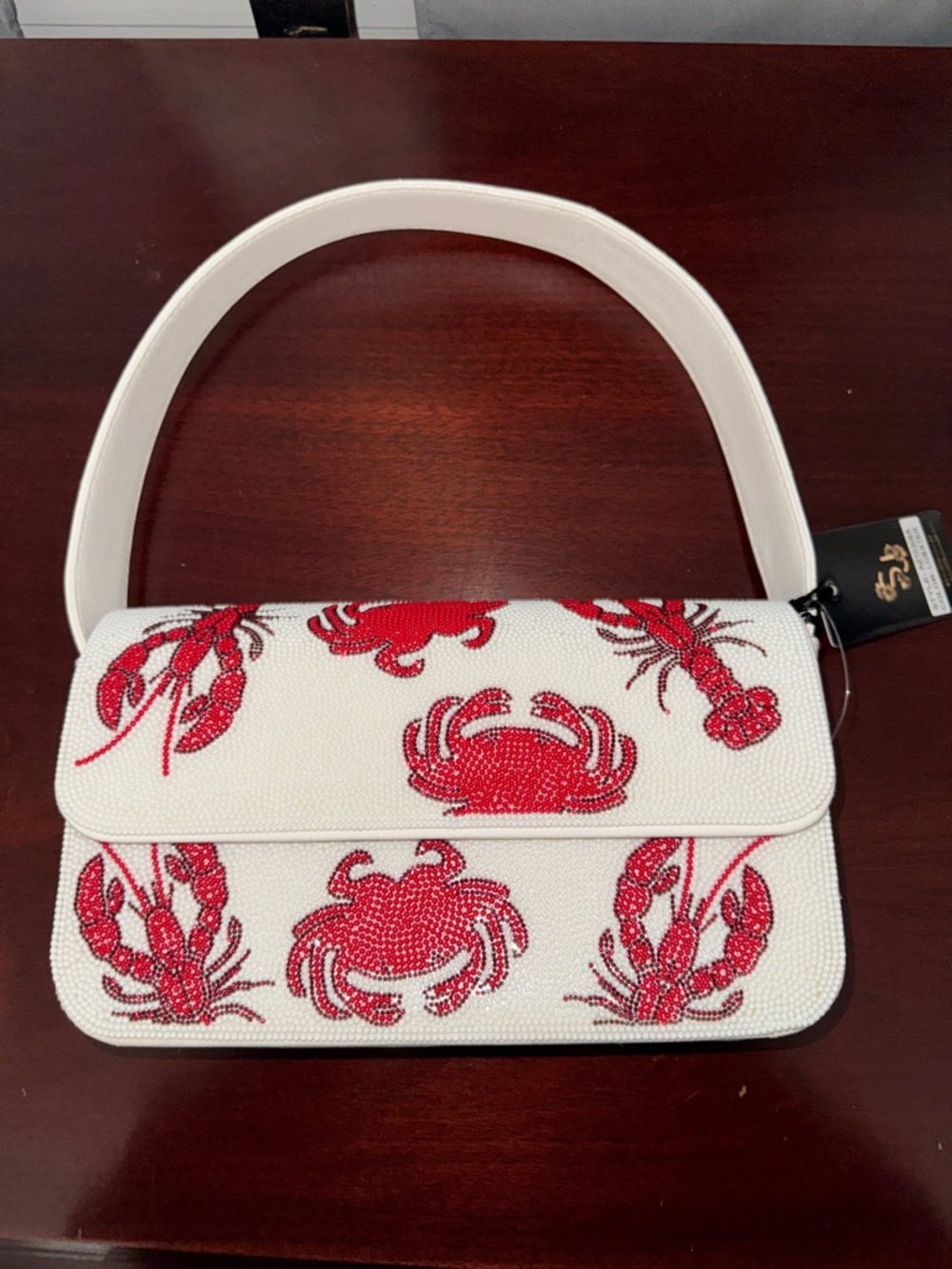 Sincerly Jules White Shoulder Bag with Red Crab & Lobster Motif